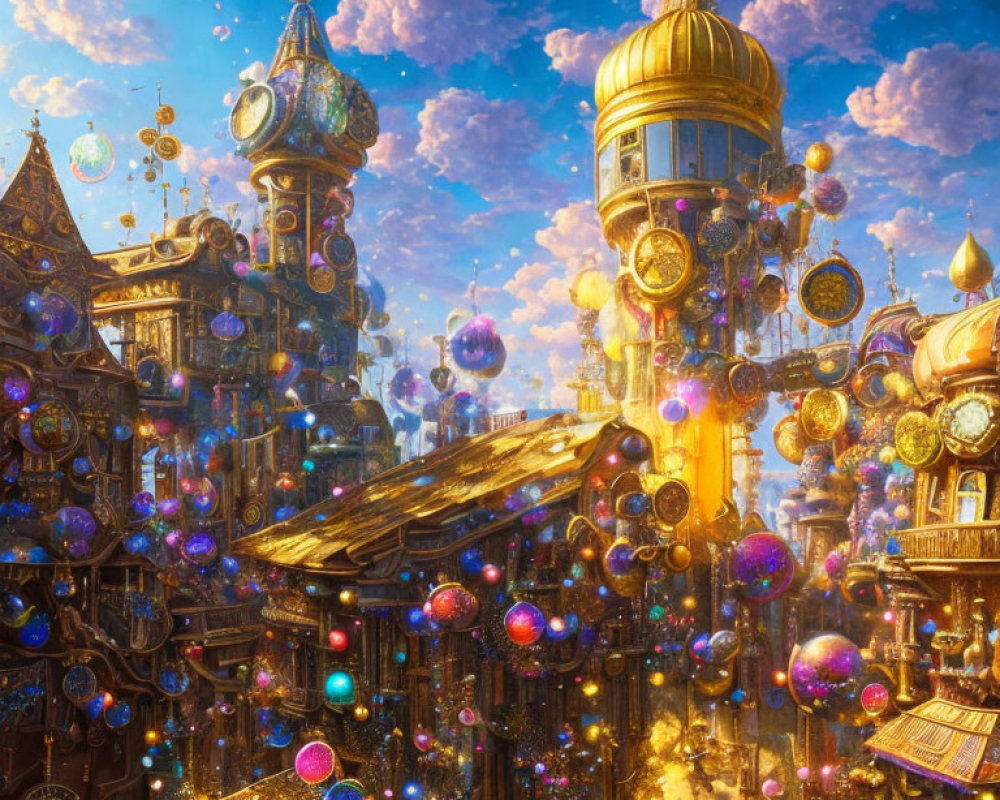 Golden architecture and floating orbs in fantastical cityscape.