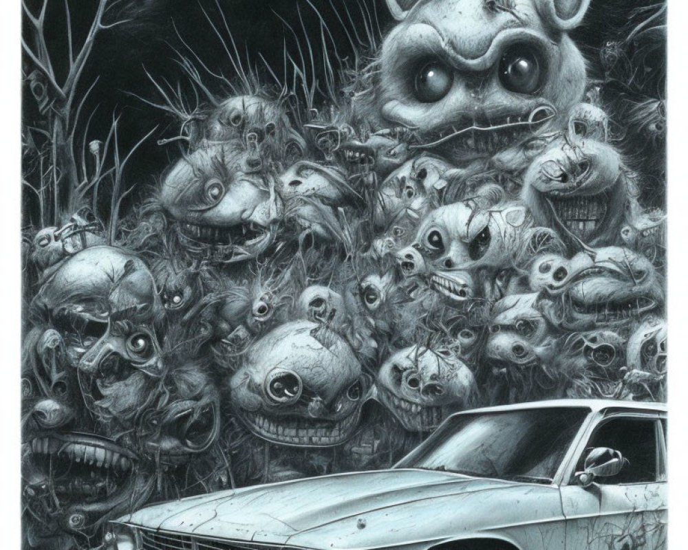 Grayscale drawing of surreal creatures above vintage car