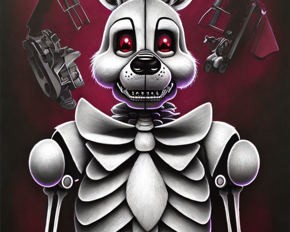 Mechanical rabbit with red eyes and skeletal design on crimson background.