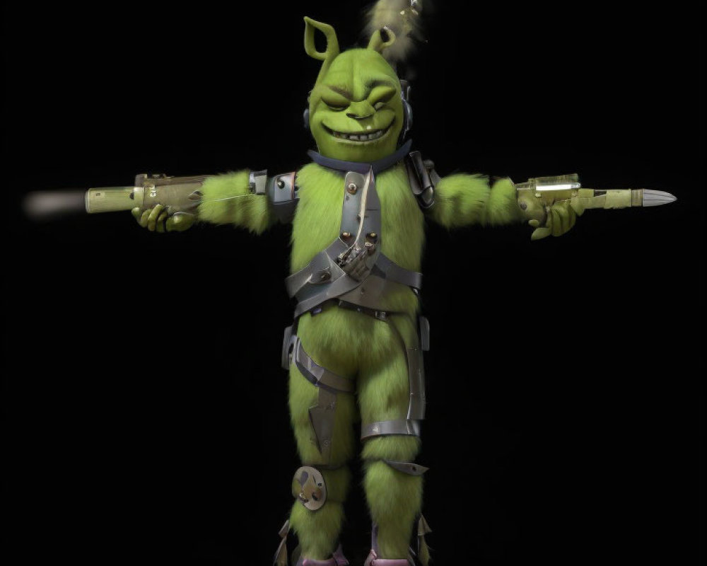 Green Troll-Like Character in Armor Holding Spear on Black Background