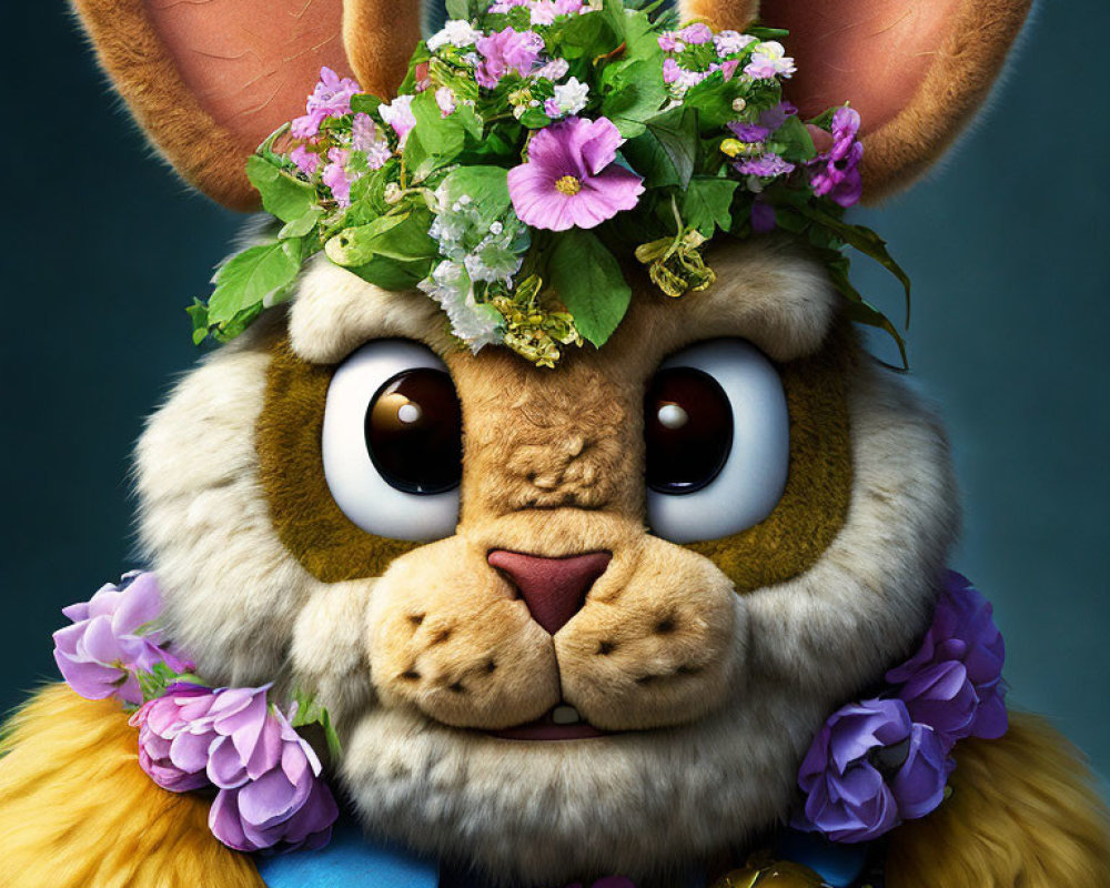 Detailed digital illustration of a whimsical bunny with expressive brown eyes and floral crown.