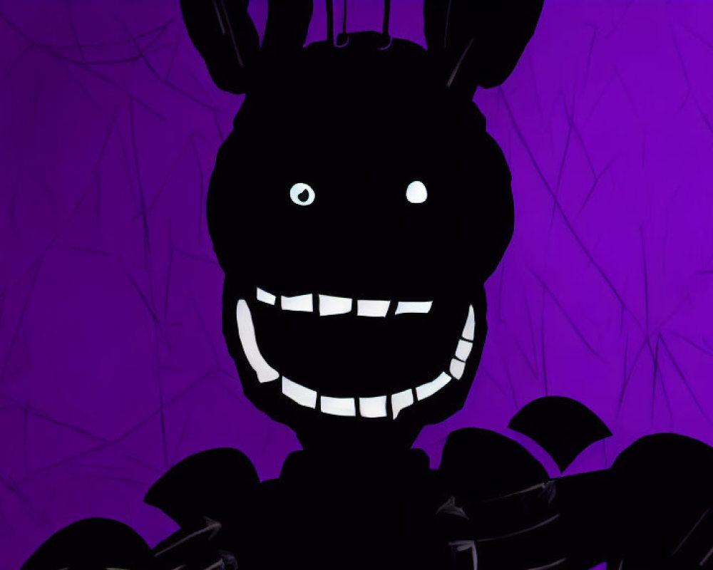 Cartoonish character with white eyes and toothy smile on purple background.