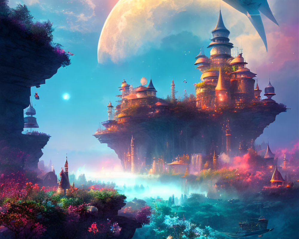 Fantastical floating city at dusk with spired buildings and large moon in vibrant landscape