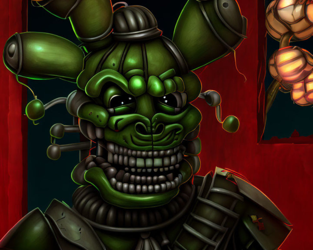 Digital artwork: Green mechanical creature with glowing eyes, helmet, grin, holding bomb.