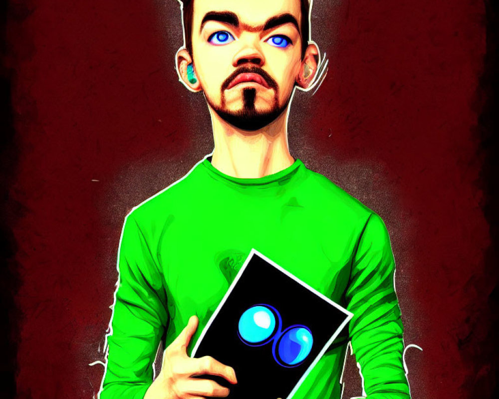 Illustration of person with exaggerated facial features in green shirt holding device with blue logo