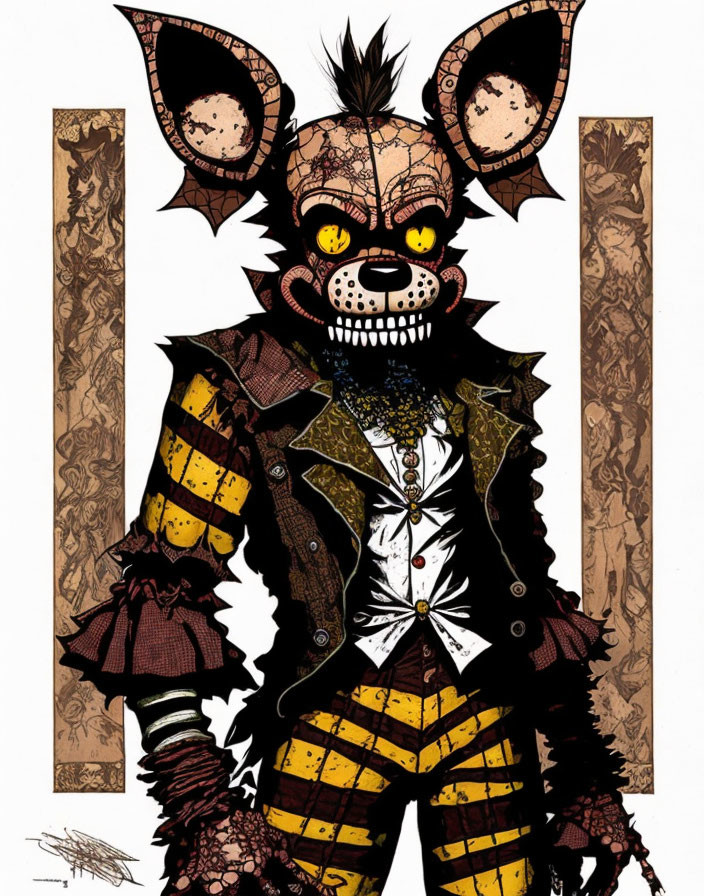 Anthropomorphic bat illustration in punk outfit with plaid trousers, studded jacket, and moh