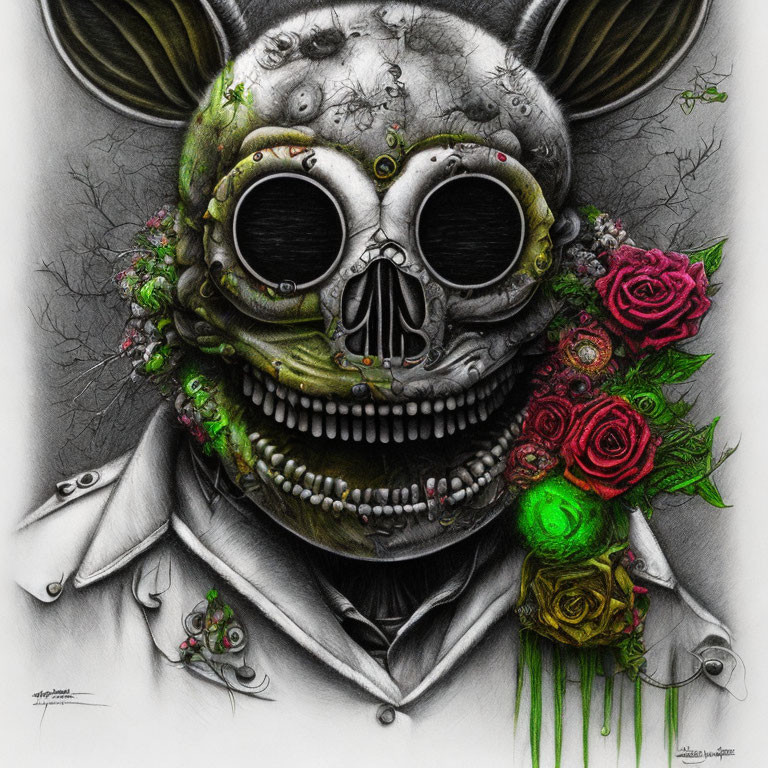 Monochrome skull illustration with suit, bowtie, and colorful foliage.