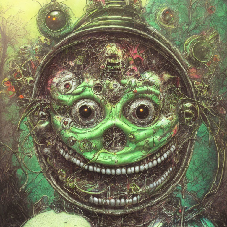 Colorful surreal creature with multiple eyes in diving helmet, entwined in vines