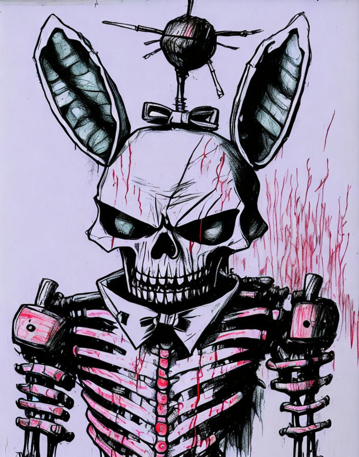 Skeletal figure with rabbit ears and robotic arms on red streaked background