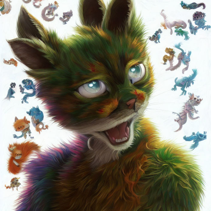 Colorful Furry Cat Surrounded by Whimsical Creatures