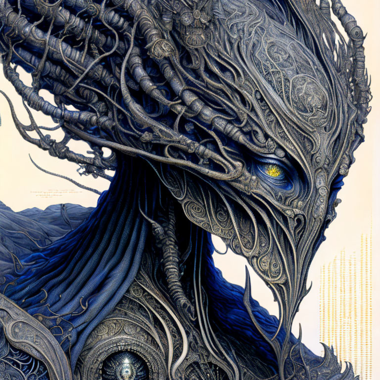 Blue ornate alien creature with glowing yellow eyes in organic, symmetrical patterns