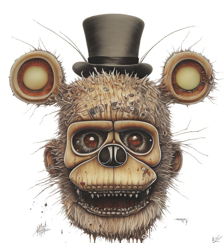 Detailed Mechanical Bear Creature with Large Eyes and Top Hat