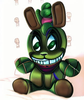 Stylized green and brown animated rabbit with large eyes and smile