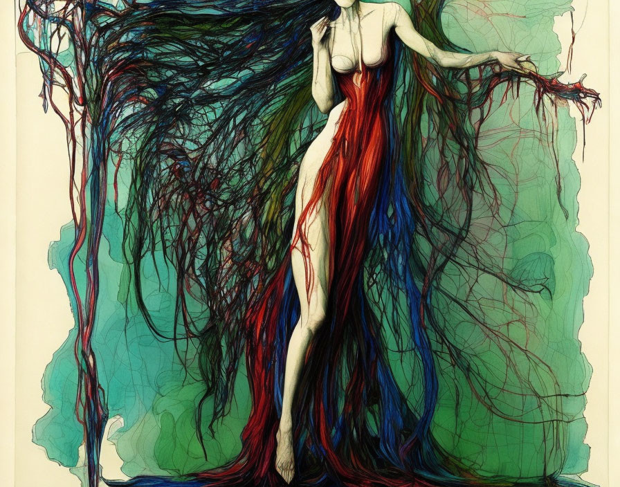 Colorful Standing Figure with Flowing Hair and Tree Root Motif