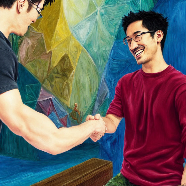 Smiling men in casual attire shake hands on colorful backdrop