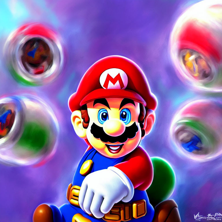 Colorful Mario illustration with orbs - Nintendo character art