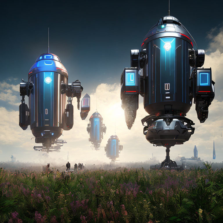 Futuristic robots hover over flower field with blue lights