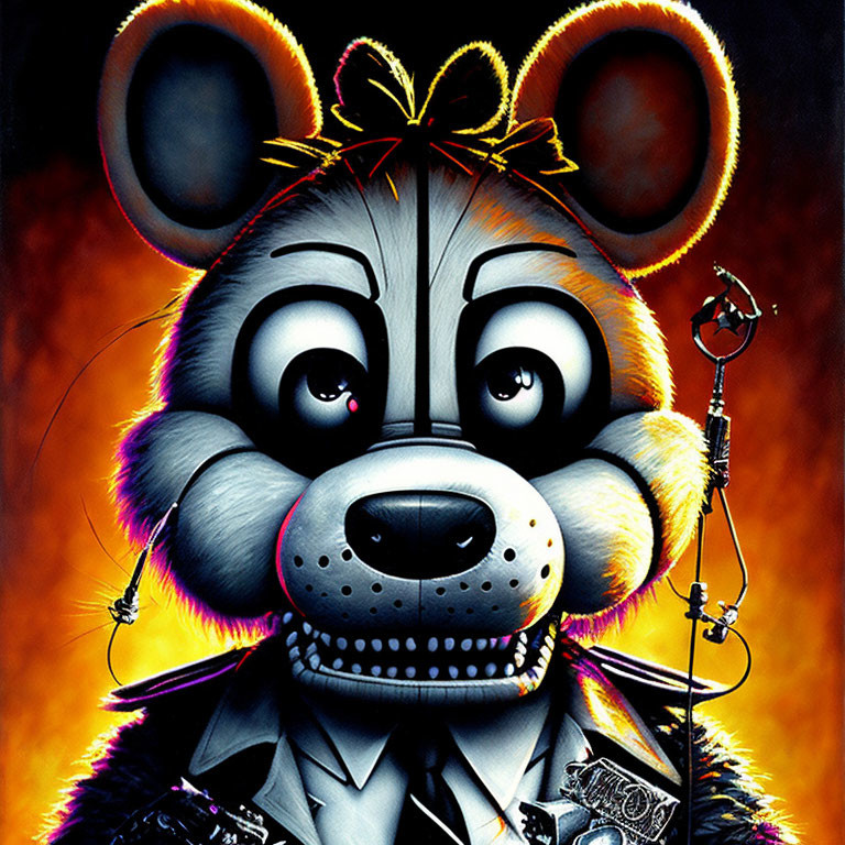 Mechanical bear with bowtie and microphone in fiery backdrop illustration.