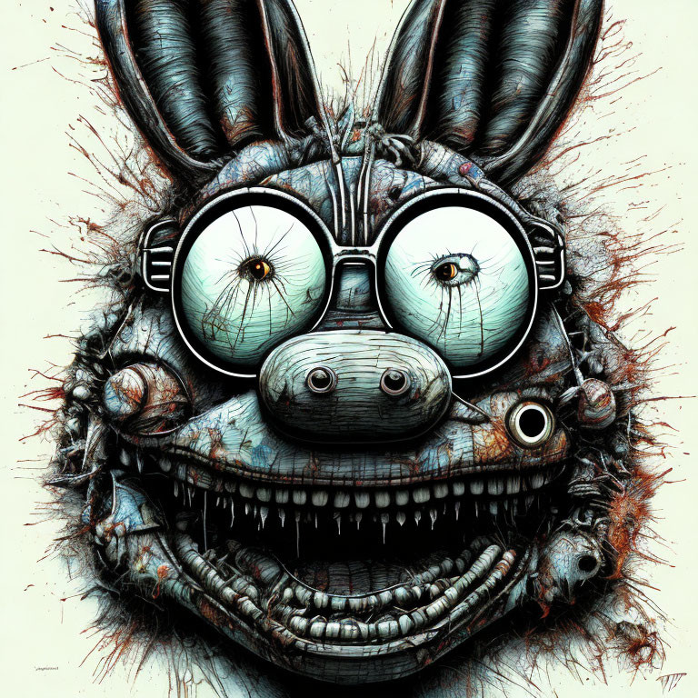 Detailed anthropomorphic rabbit drawing with large spectacles and sharp teeth