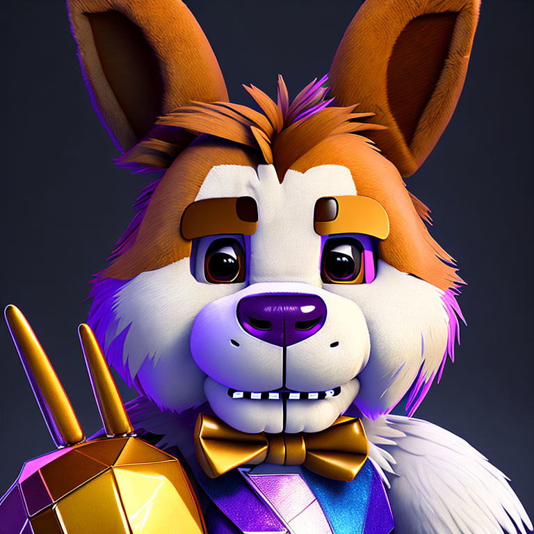 Colorful 3D illustration of a fox in suit with glasses and microphone