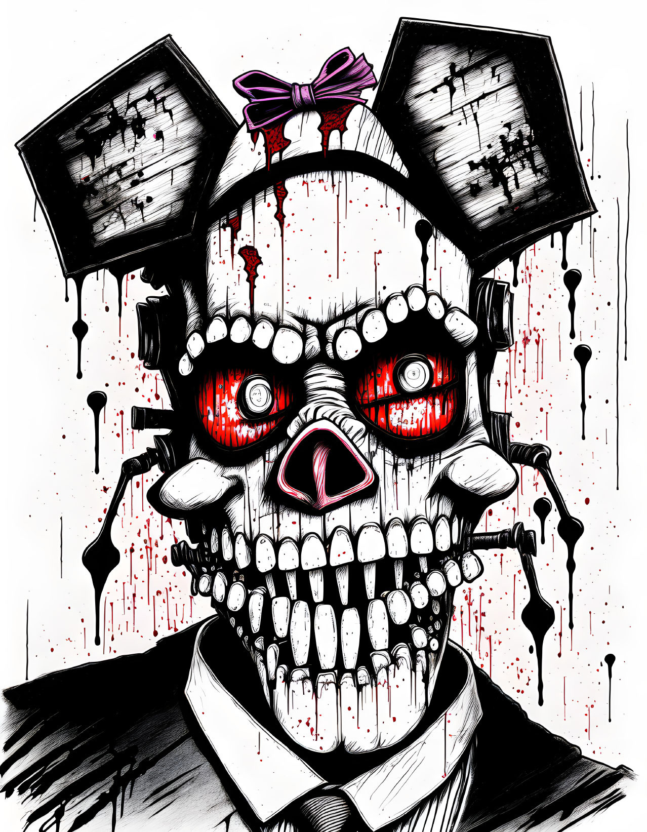 Skull with red eyes in suit, bow, TV ears, dripping red substance, on splattered