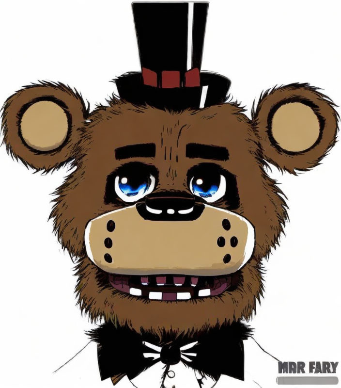 Cartoon bear with blue eyes in top hat and bow tie, showing sharp teeth