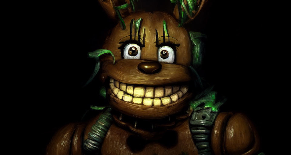 Sinister animatronic bear with glowing eyes and sharp teeth