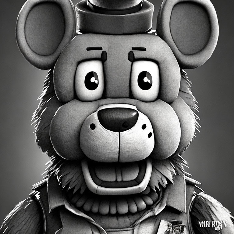 Monochrome cartoonish animatronic bear with hat and bowtie