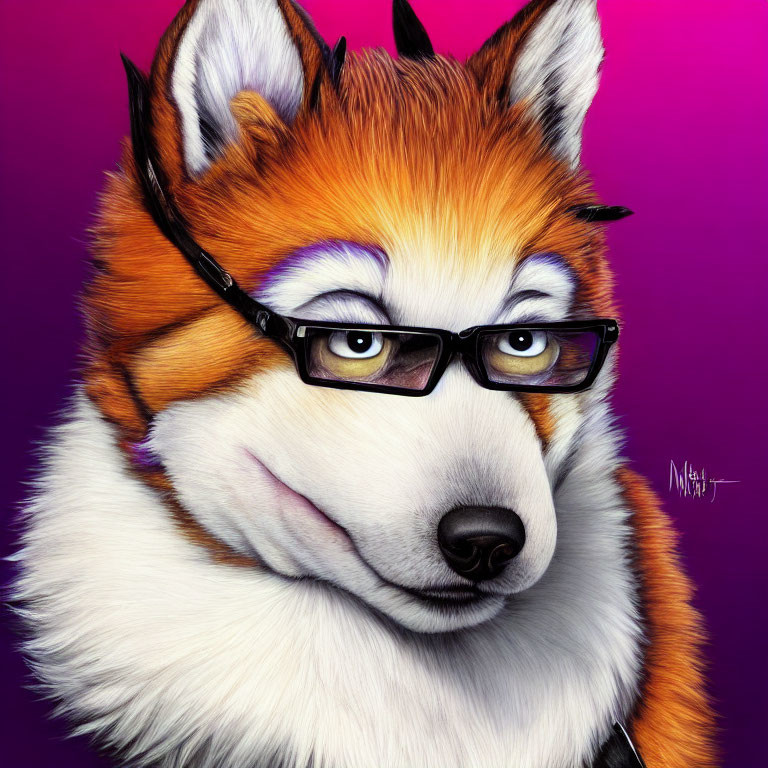 Anthropomorphic Husky Illustration with Orange and White Fur on Purple Background