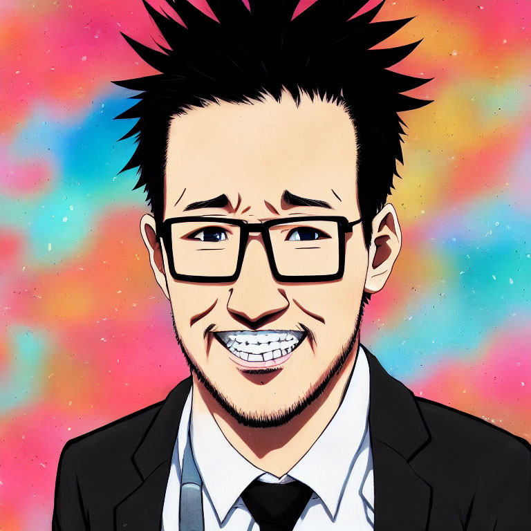 Black Spiky-Haired Male Character in Suit with Glasses and Braces on Colorful Abstract Background