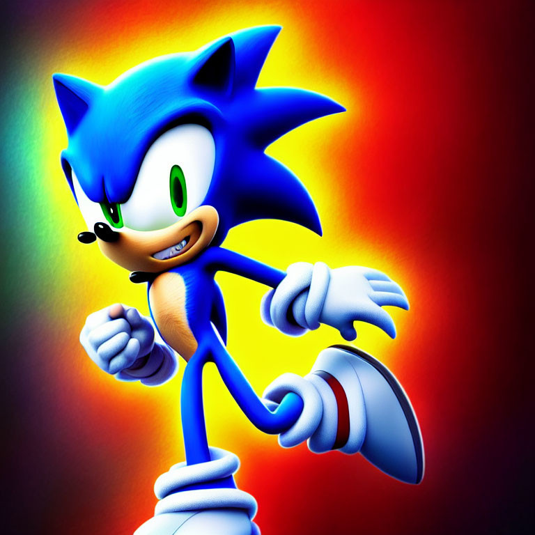 Colorful Sonic the Hedgehog illustration with confident smirk and clenched fist