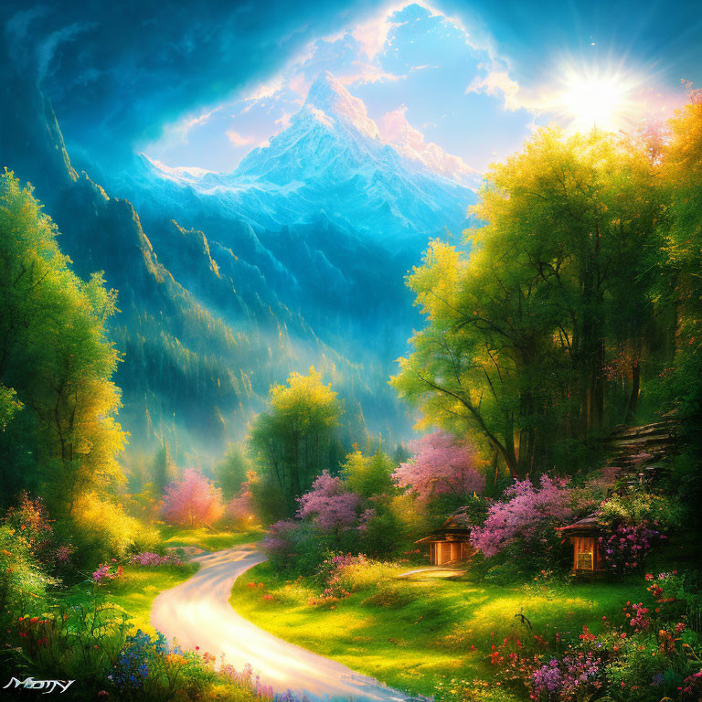 Scenic landscape with winding path, blossoming trees, cabins, and sunlit mountain