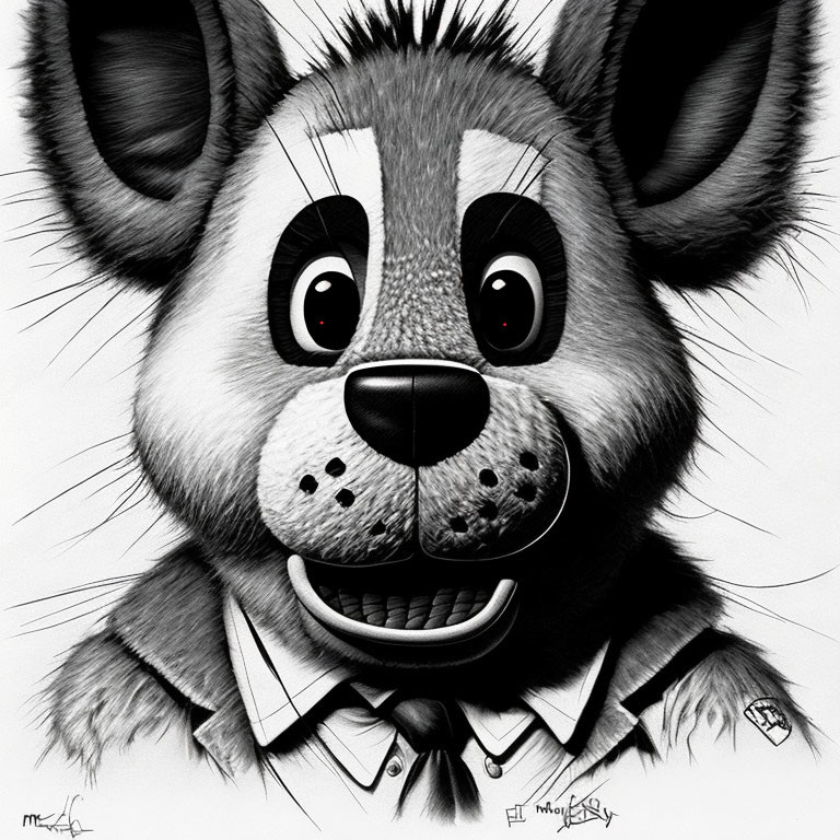 Smiling anthropomorphic animal with collar and tie in black and white