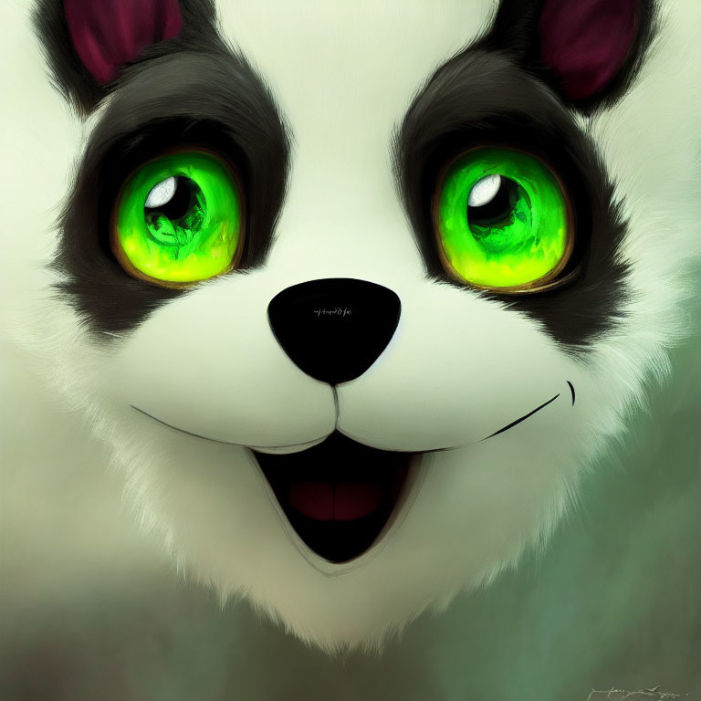 Detailed Cartoon Panda Illustration with Bright Green Eyes and Black Nose