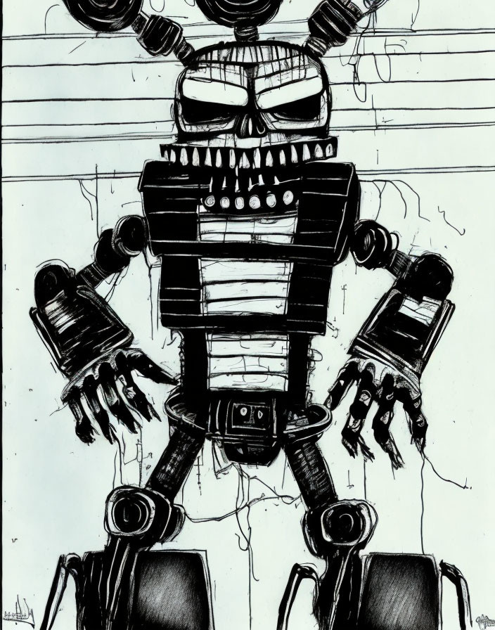 Detailed sketch of robotic figure with skull head and multiple arms