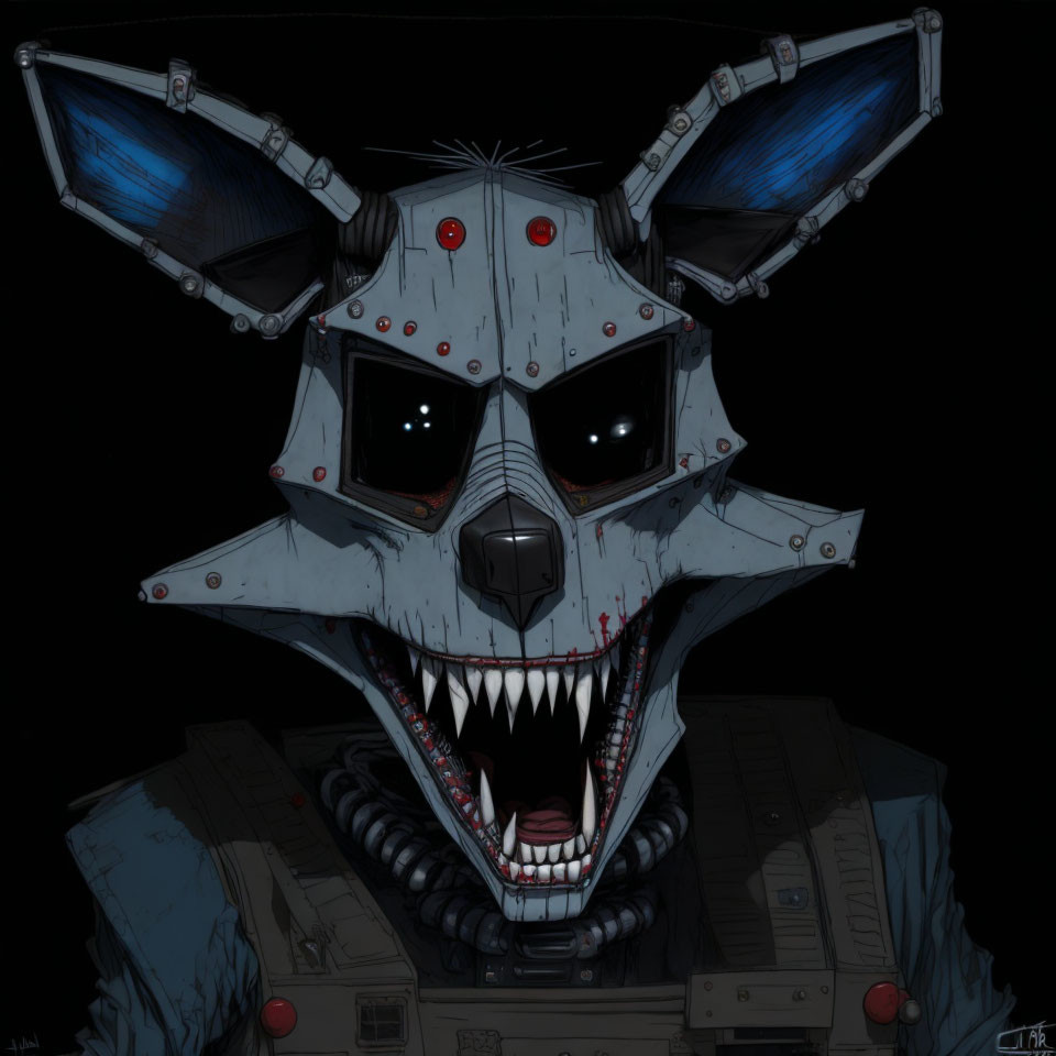 Menacing robotic wolf illustration with sharp teeth and metal ears