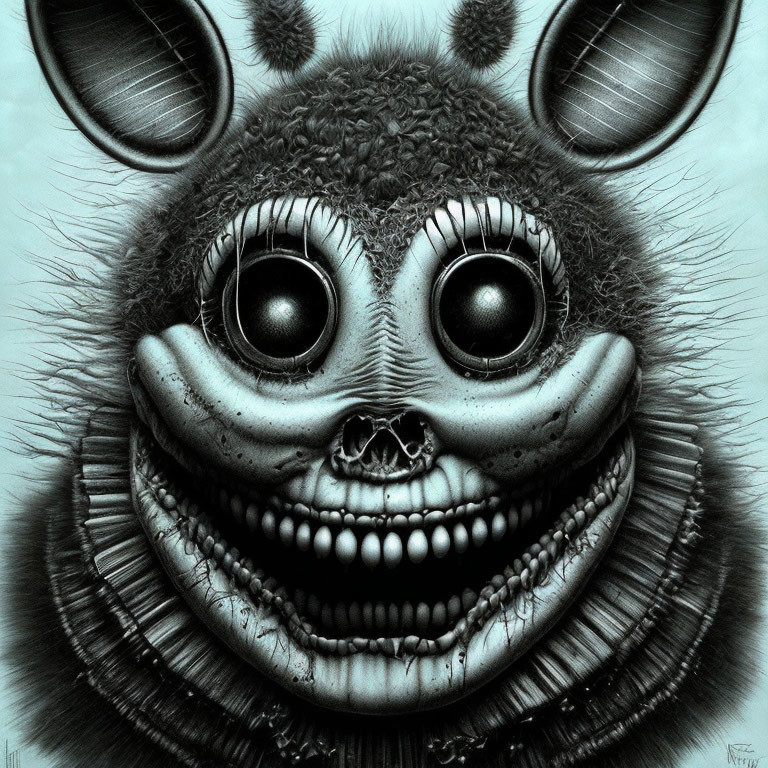 Detailed Monochromatic Hyper-Realistic Drawing of Smiling Creature