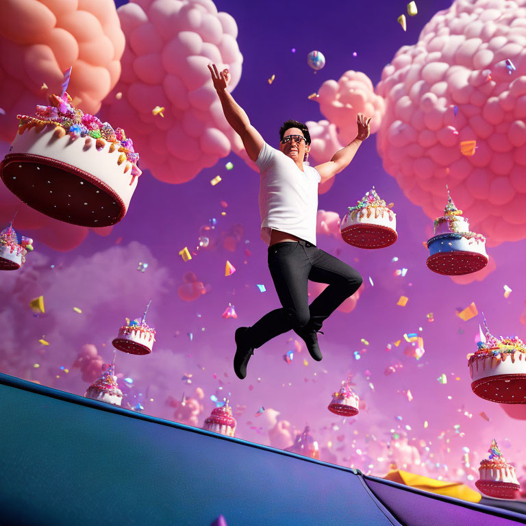 Person Jumping on Trampoline Surrounded by Flying Cakes and Confetti in Fantasy Sky