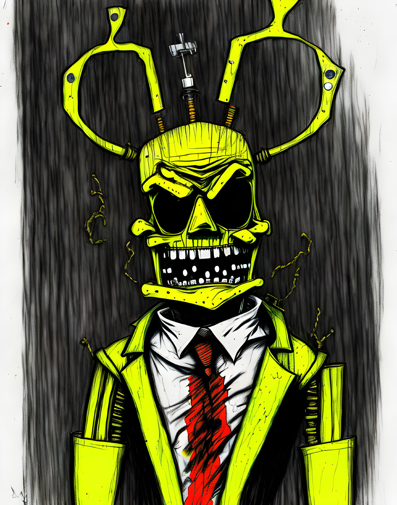 Colorful Stylized Skull Illustration with Yellow Antenna Head in Green Suit and Red Tie on