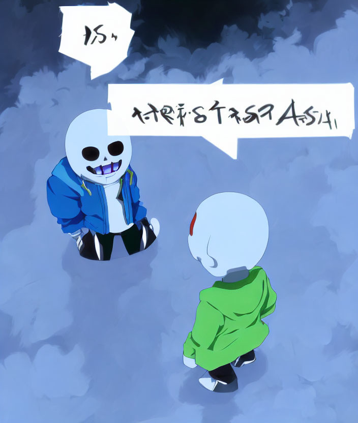 Skeleton in Blue Jacket Laughing Faces Character with White Head and Green Hoodie