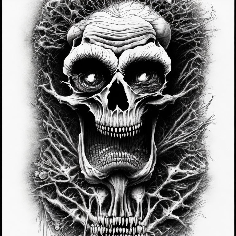 Detailed black and white skull drawing with exaggerated features and textured hair.