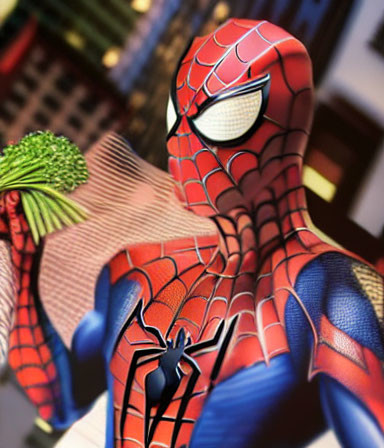 Detailed Spider-Man Figure in Dynamic Pose with Skyscraper Backdrop