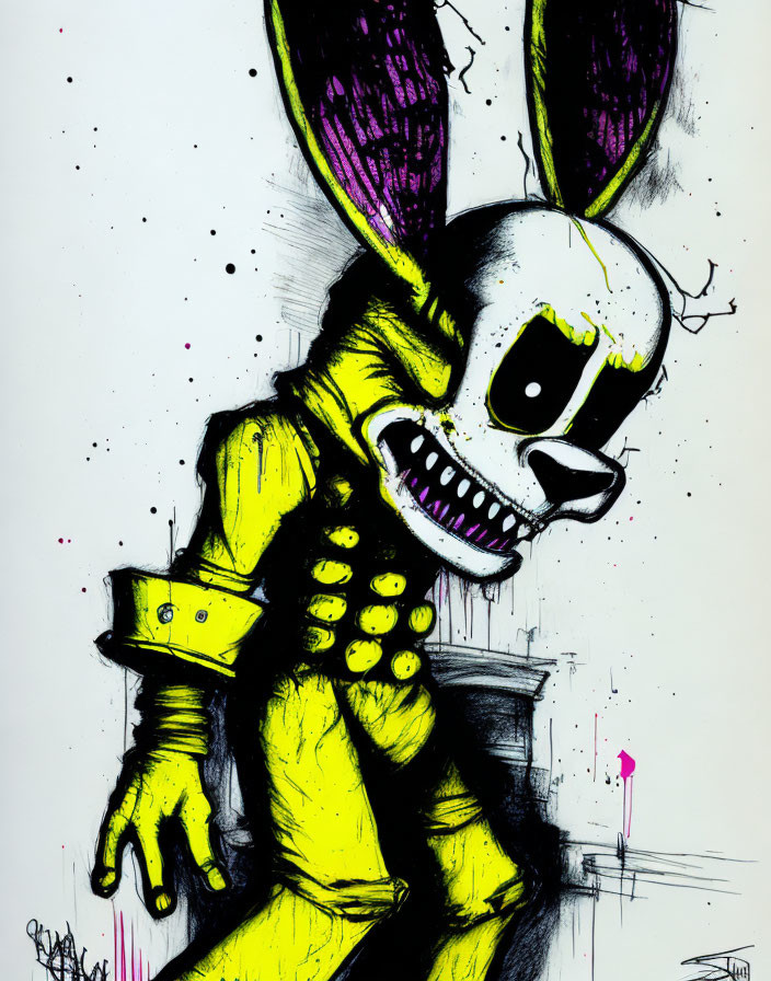 Stylized illustration of unsettling rabbit creature with skull-like face and yellow eyes against ink background