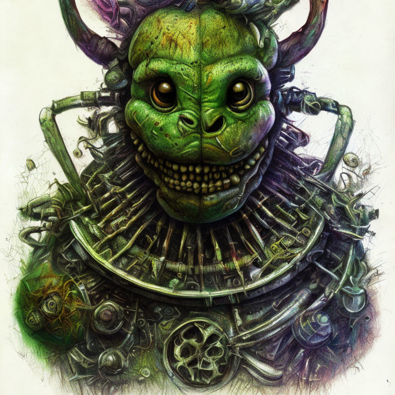 Whimsical mechanical creature with green reptilian head and typewriter parts body