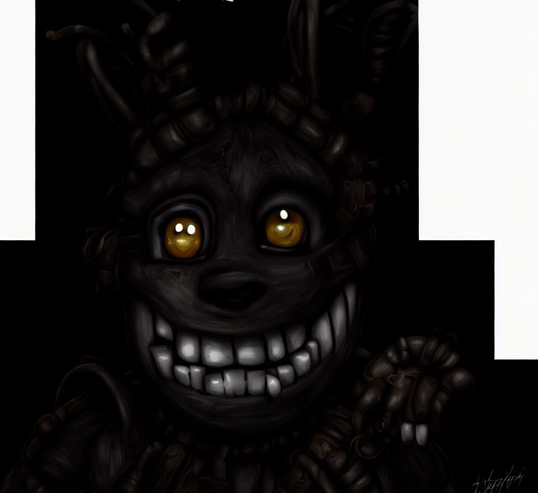 Grinning anthropomorphic animatronic character with yellow eyes and mixed textures in dark setting