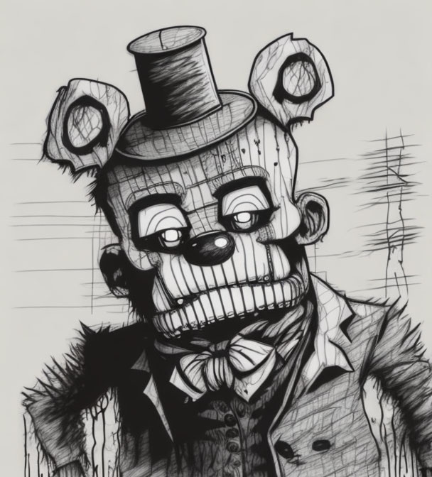 Monochrome sketch of menacing robotic clown with top hat and bow tie