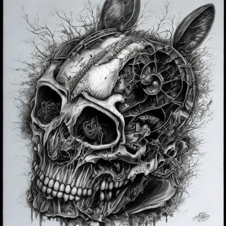 Detailed half-human, half-rabbit skull drawing with flora on dark background