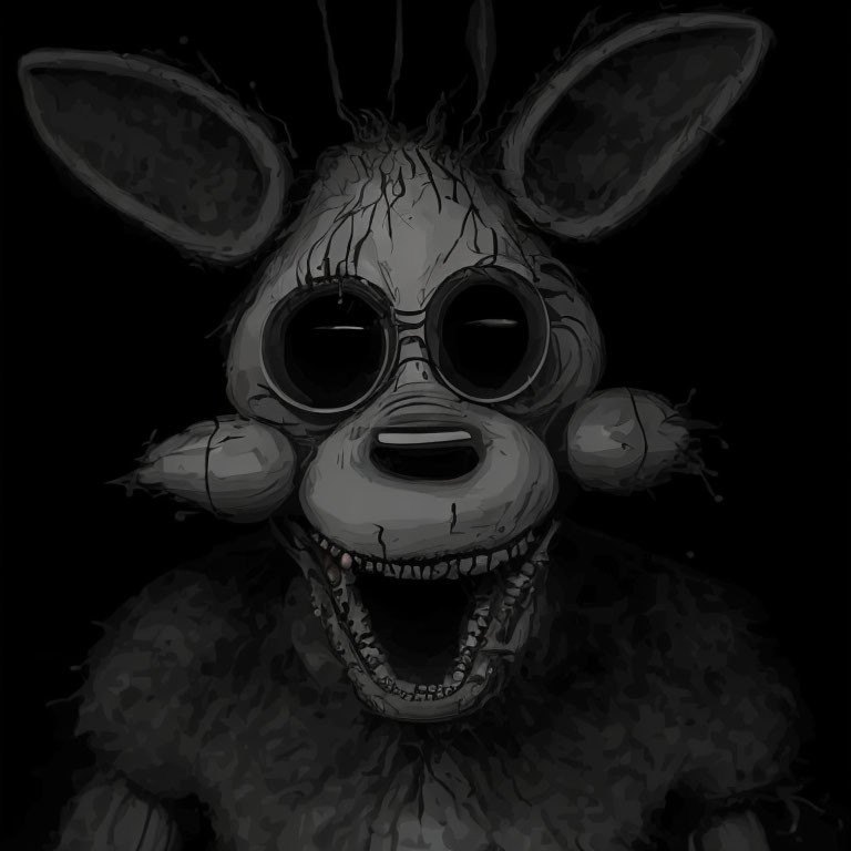 Monochrome illustration of a grinning, wide-eyed creature with big ears and sunglasses