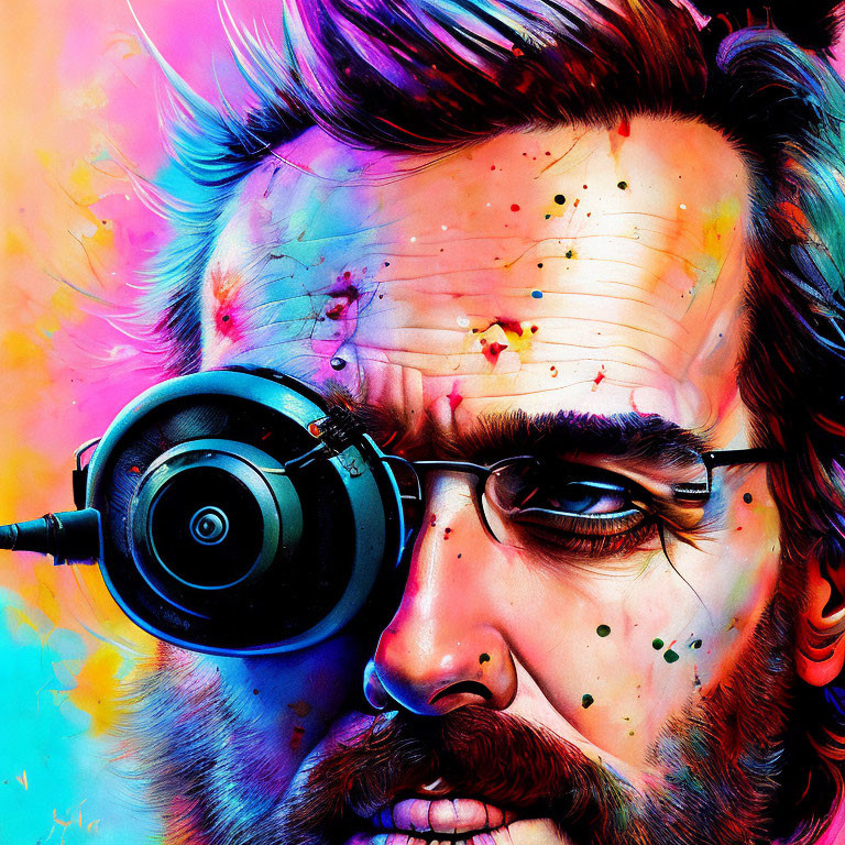 Colorful Bearded Man with Headphone on Neon Background