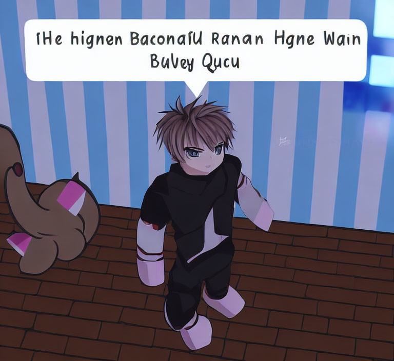 Anime-style character with brown hair in black clothes on wooden floor with plush toy